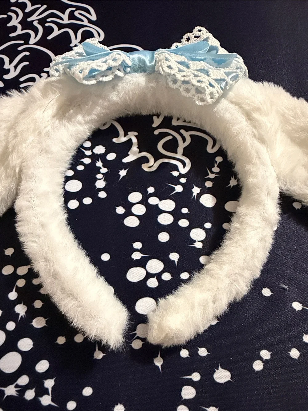Cinnamoroll White Plush Bunny Ear Headband with Blue Lace Bow
